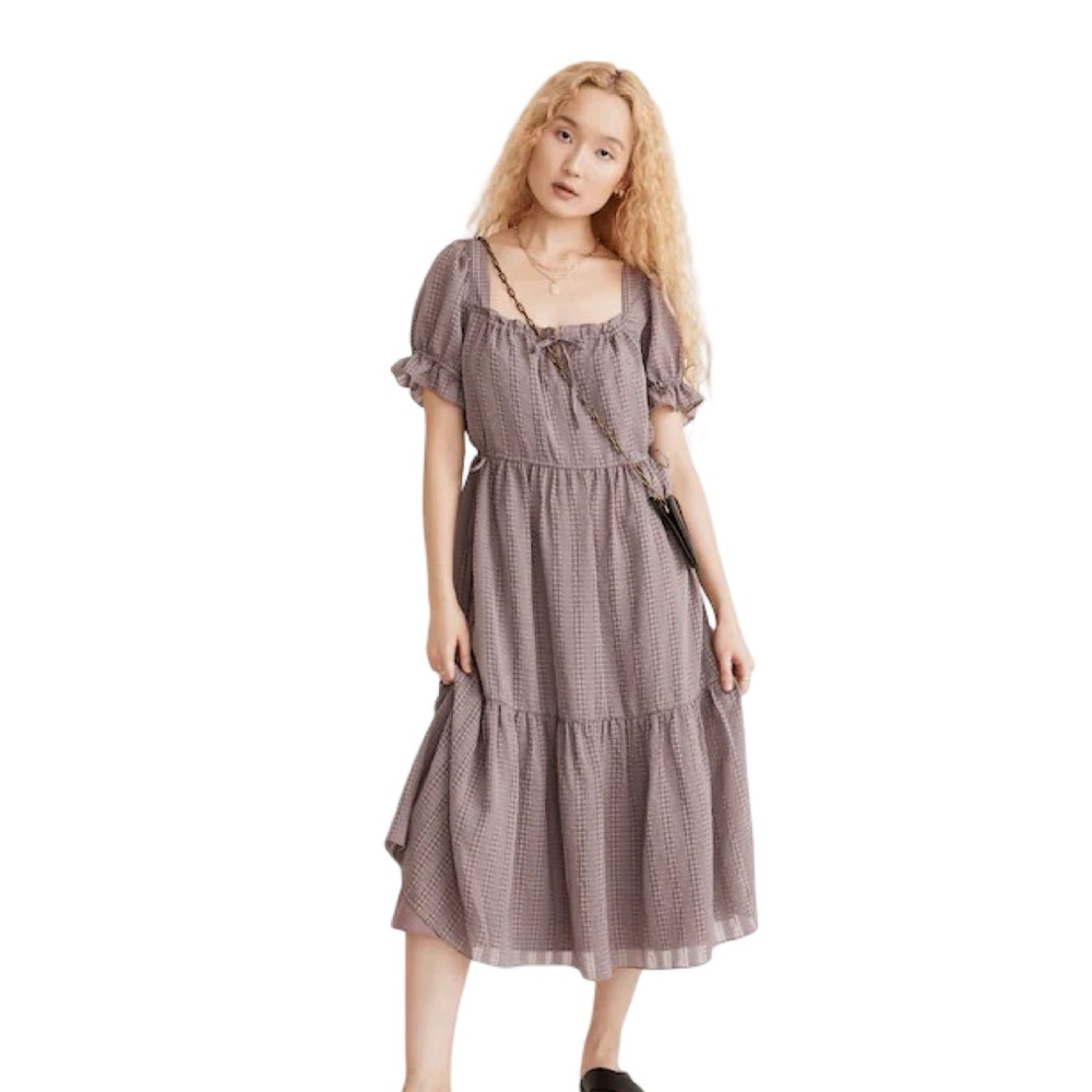 Madewell Square-Neck Tiered Midi Dress in Textured Seersucker Purple Gingham